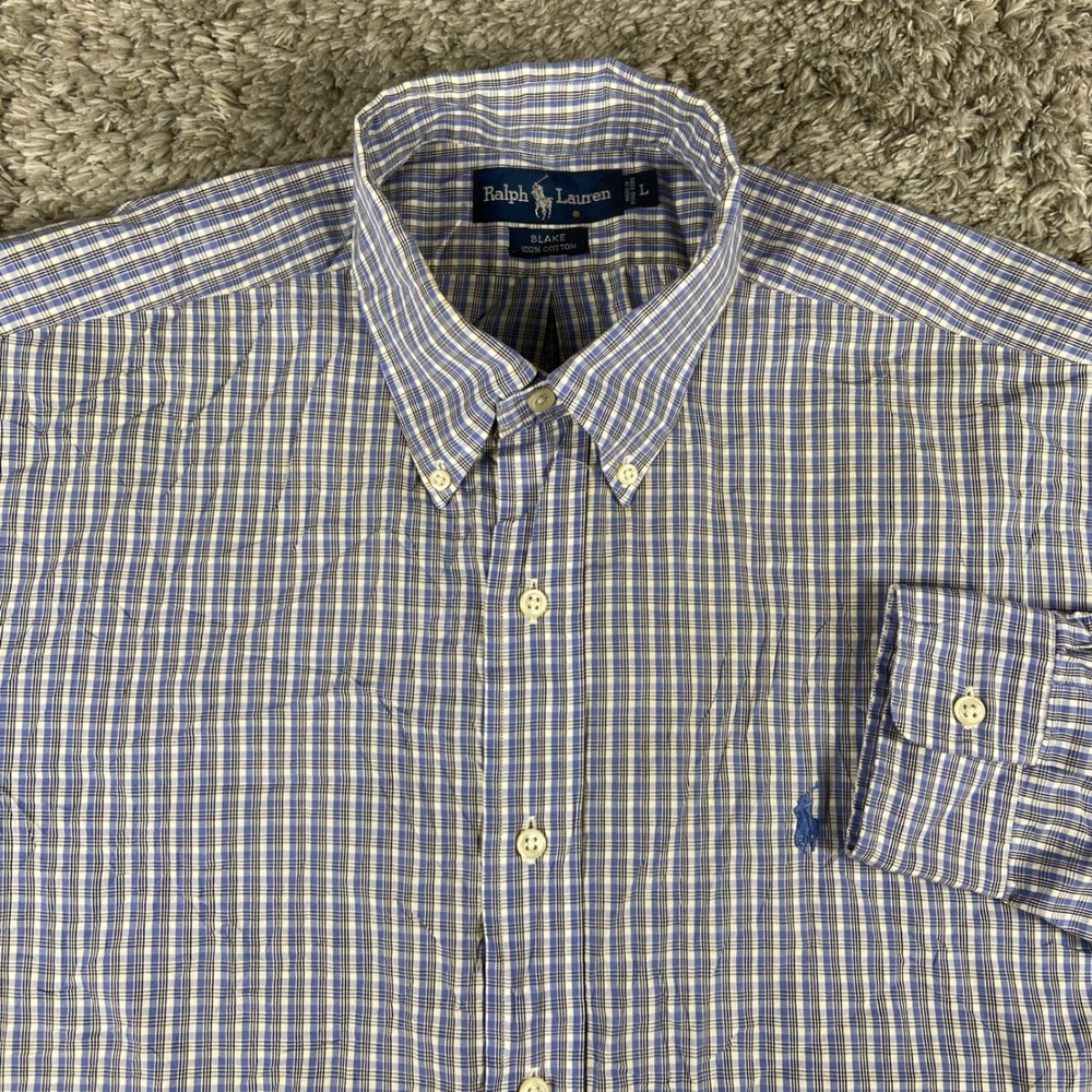 Ralph Lauren Blake Mens L Blue Plaid Long Sleeve Button Down Shirt Cotton Pony
